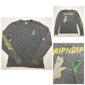 RIPNDIP Gray Multi-Color MUST BE NICE Cat Alien Print Long Sleeve Pullover Shirt